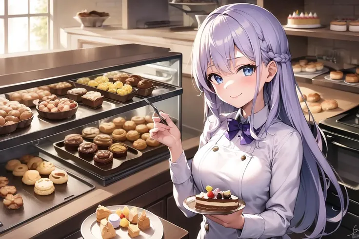 masterpiece, best quality, ((1girl, solo)), (light purple hair, long hair), blue eyes, (medium breasts), (cake pan, oven, bread basket), ((patissier uniform)), looking at viewer, smile, closed mouth, (inside bakery, kitchen, table, (cake, pastries on the table))