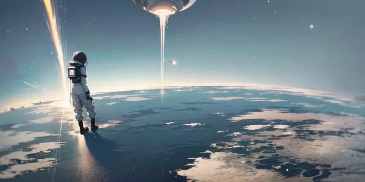 masterpiece,best quality,depth of field,full body,1girl,solo,(very wide shot:1.6),(from behind:1.2),spacesuit,cargo pants
,moon,earth,satellite,reflection,futuristic sci-fi style, fantasy style,
(1girl) was wearing a spacesuit, standing on the (moon), feeling the low gravity and (silence). In front of her was a (gray-white soil) and (craters), behind her was a huge black (satellite). She turned around and saw the distant (earth), that blue-green (planet), sparkling with clouds and light. She wondered if people on earth could see her, if they knew she was here. She felt both lonely and free, both insignificant and great.