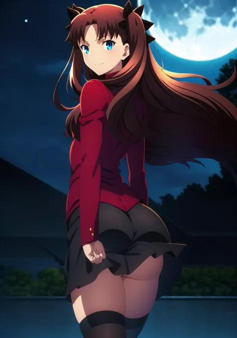 masterpiece, best quality,
<lora:rin:0.7>,1girl, tohsaka rin, solo, long hair, thighhighs, two side up, blue eyes, black thighhighs,black skirt, brown hair,outdoors, smile, arms behind back, looking back, moon, night,
ufotable style,anime coloring,anime screencap, <lyco:UFO:0.8>