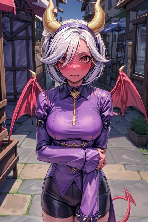 (masterpiece, best quality), trixie colette, 1girl, solo, demon girl, (colored skin, red skin, red eyes:1.3), colored sclera, yellow sclera, short hair, ponytail, white hair, (hair over one eye), demon tail, demon horns, demon wings, medium breasts, hairband, choker, shirt, spikes, long sleeves, sleeves past fingers, sleeves past wrists, shorts, <lora:Trixie_Colette__Brawl_Stars_V1.0:0.7>, <lora:add_detail:0.5>, (pov, front vire), city, market, buildings, outdoors, <lora:mondstadt_background-v11:0.7>