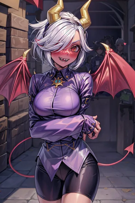 (masterpiece, best quality), trixie colette, 1girl, solo, demon girl, colored skin, (red skin, red eyes:1.2), colored sclera, yellow sclera, short hair, ponytail, white hair, (hair over one eye), demon tail, demon horns, demon wings, medium breasts, hairband, choker, shirt, spikes, long sleeves, sleeves past fingers, sleeves past wrists, shorts, <lora:Trixie_Colette__Brawl_Stars_V1.0:0.7>, <lora:add_detail:0.5>, city, market, buildings, <lora:mondstadt_background-v11:0.5>, (cowboy shot, sharp teeth)