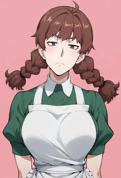 score_9, score_8_up, score_7_up, score_6_up, score_5_up, score_4_up,best quality, ultra detailed, source_anime, intricate details, perfect anatomy BREAK 1girl, fjkwaitress, 1girl, solo, brown hair, long hair, two braids, two thick and loose braids, reach up shoulders tow braids, 1girl, solo, braid, brown hair, freckles, pink background, simple background, apron, looking at viewer, sanpaku, frown, large breasts,