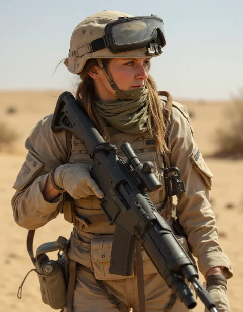 woman, sniper soldier, desert, dirty