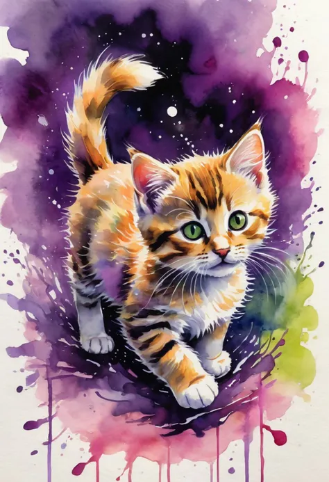 (Ink illustration). A charming tabby kitten, with its bright golden fur and playful green eyes, is depicted mid-pounce against a backdrop of dark, swirling watercolors in deep purples and glowing pinks. The kitten’s delicate whiskers and tiny paws are rendered with vibrant ink details, capturing its lively energy amidst a gloomy, stormy atmosphere. ink splashes, rough ink sketch, moody, gloomy, dark picture, high contrast, stylized.
