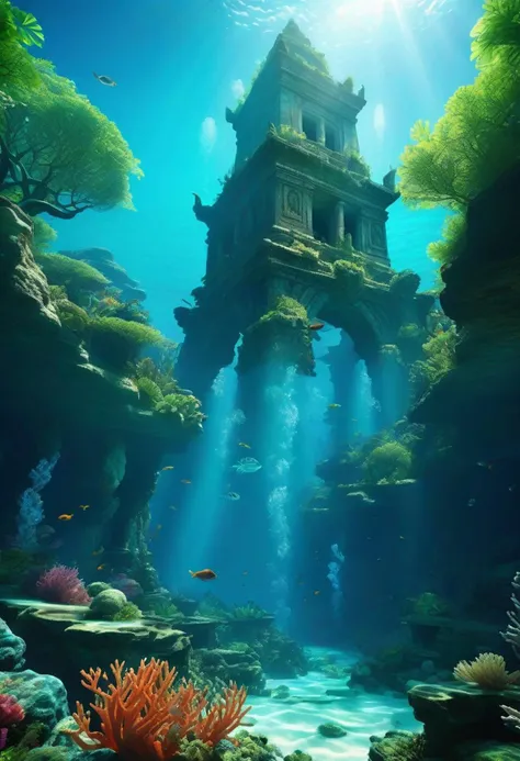 (ultra high res:1.4), (masterpiece), (beautiful lighting:1.4) , lush green forest, Mountains, Bright sunlight illuminates the crystal-clear blue water, (deep underwater), photorealistic, , (clear underwater), beautiful sky with clouds and smoke, mighty techno fotress, tropical fish, coral, depth,
Illuminated submerged temple ruins,
Mysterious tower in distance