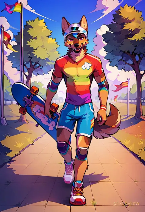 score_9, score_8_up, (furry male), furry, anthro, perfect eyes, riding a skateboard in a park on sidewalk, sidelighting, depth of field , front view, full body view, raised eyebrow, seductive smile, rainbow shirt, rainbow shorts, running shoes, bike helmet, elbow pads knee pads, rainbow flags, german shepherd