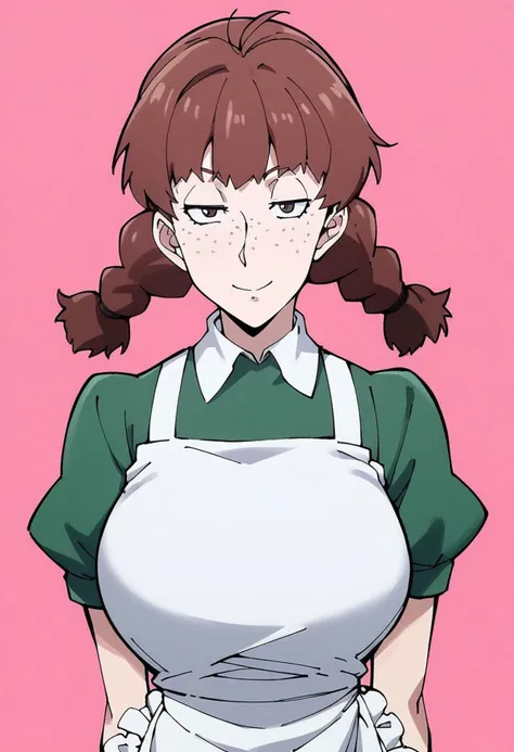 score_9, score_8_up, score_7_up, score_6_up, score_5_up, score_4_up,best quality, ultra detailed, source_anime, intricate details, perfect anatomy BREAK 1girl, fjkwaitress, 1girl, solo, brown hair, long hair, two braids, two thick and loose braids, reach up shoulders tow braids, 1girl, solo, braid, brown hair, freckles, pink background, simple background, apron, looking at viewer, sanpaku, frown, large breasts, smile, v,