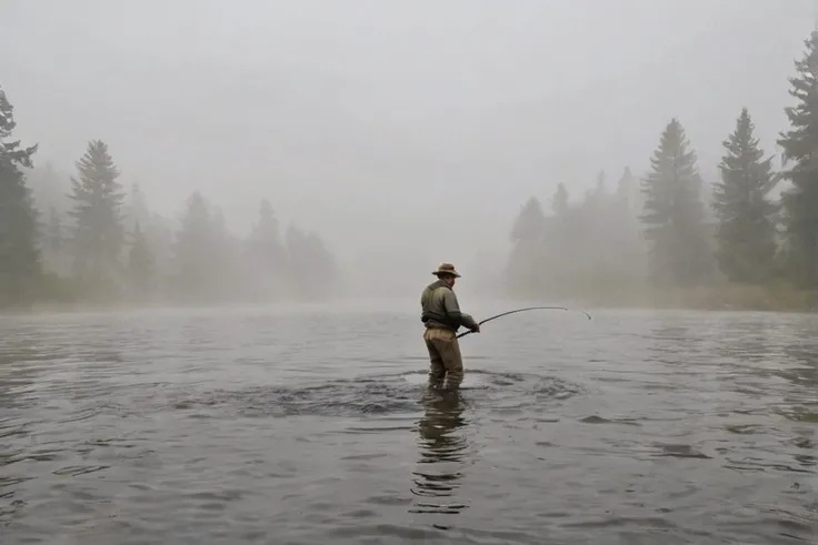 14. A fly fisherman wading through a fog-covered river in the heart of Montana. Absurd photo,
