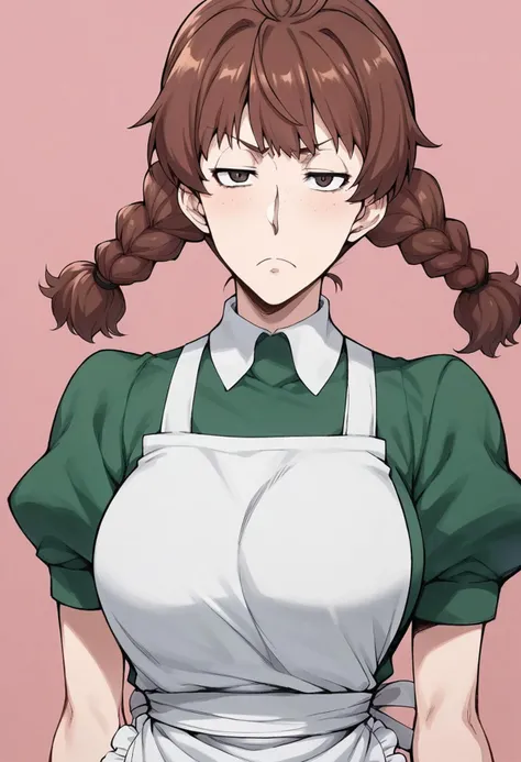 score_9, score_8_up, score_7_up, score_6_up, score_5_up, score_4_up,best quality, ultra detailed, source_anime, intricate details, perfect anatomy BREAK 1girl, fjkwaitress, 1girl, solo, brown hair, long hair, two braids, two thick and loose braids, reach up shoulders tow braids, 1girl, solo, braid, brown hair, freckles, pink background, simple background, apron, looking at viewer, sanpaku, frown, large breasts,