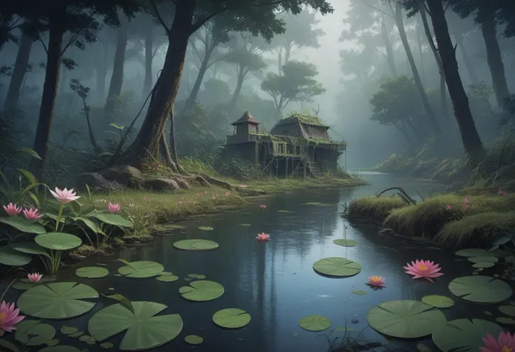 score_9, score_8_up, score_7_up, highly detailed, details, masterpiece, best quality, cinematic, photography awards, detailed, vibrant complementary colors, frogs, lily pad, swamp, dawn, vines, trees, flowers, raining,