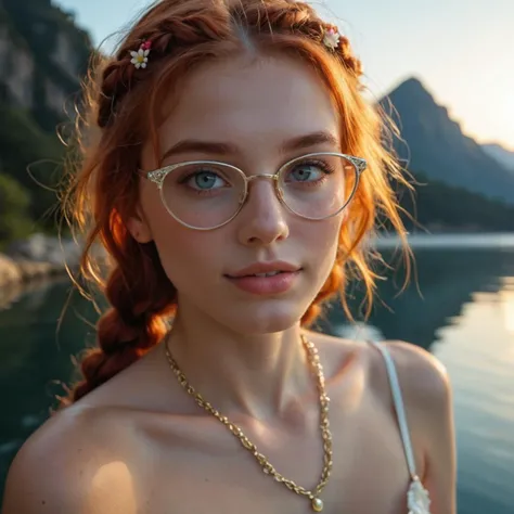 Hyperrealistic art score_9, score_8_up, score_7_up, score_6_up, real skin, RAW image, BREAK, 21yo redhead Mexican girl, (long bright red hair:1.1), (fauxhawk braid hair style), medium breasts, slight smile, (freckles:0.6), lips parted, BREAK, wearing a skimpy teal microfiber teddy with floral applique, flower in hair, anklet, glasses, BREAK, dynamic erotic sexy pose, sitting on a velvet sofa , wide shot, from below, on a rocky beach, mountains, flowers, birds, waterfall, sunbeams, deep shadows, wind, windy, tumultuous waves, detailxl, eyedetailpxl, ffacedetailxl, skindetailpxl, <lora:43stl1ght1ngXLP2:0.7> 43stl1ght1ng, low light, dramatic lighting, water, reflection . Extremely high-resolution details, photographic, realism pushed to extreme, fine texture, incredibly lifelike,
