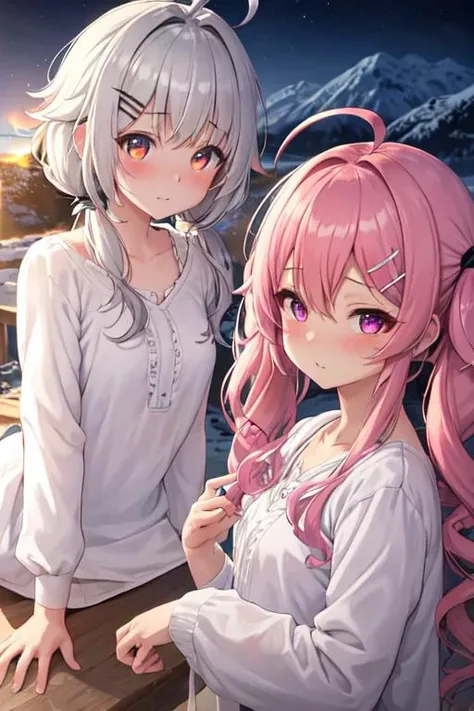 best quality,best quality, best masterpiece, ,Authentic skin texture,
ahoge,,,hairclip,messy hair,low twintails,2girls
camp,mountain
glowing eyes
,petite
flat chest,