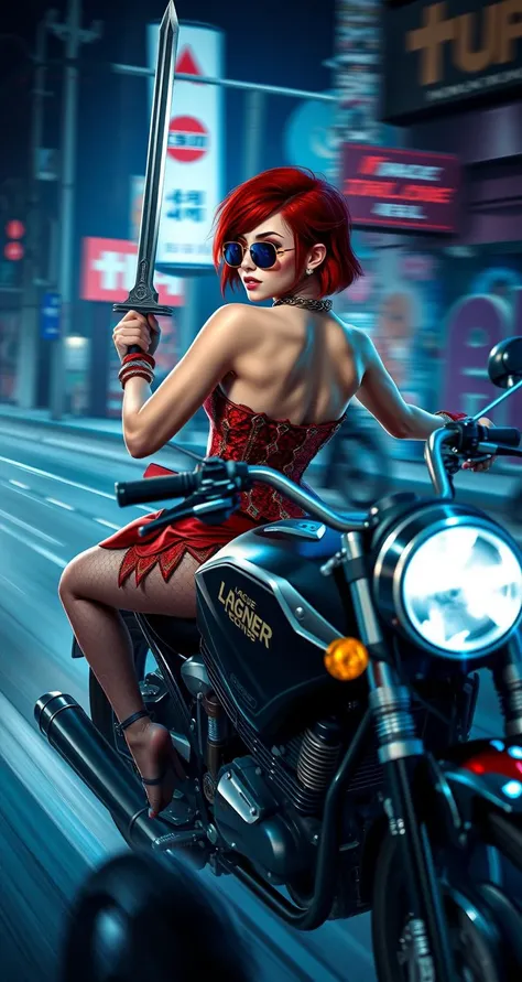 shot from side,it is Biochemical,racing stripes,motion blur,going really fast, ((1 girl riding motorcycle, solo)),perfect body, perfect eyes, extremely detailed eyes and face, a warrior holding a sword,slim,bare belly. revealing clothes,jewelry,chainmail,sleeveless,tight skirt, red sequin corset, fishnet stockings, pixie cut, red hair, sunglasses, big smile, urban street, motorcycle, night, neon lights, graffiti, , cute face, blush, Slim figure, narrow waist, wide hips, (high breasts), (huge breasts: 1.2), perfectly round breasts, perfect round butt, wide hips, toned figure, masterpiece,deep focus,studio lighting,League of Legends Splash Art,hyperdetailed,arcadian,spotlight