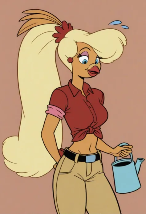 Goldie, big hair, beak, bird girl, breasts, solo, blonde hair, animal ears,bird  girl, long hair,1girl, solo, flower, furry female, long hair, pink flower, furry, shirt, simple background, blue eyes, pants, animal ears, red shirt, watering can, holding, flat color, belt, body fur, potted plant,bird tail, plant,blonde hair, ponytail, orange background, makeup, lipstick, very long hair, tied shirt, animal nose, standing, hand up, short sleeves, cowboy shot, crop top, flying sweatdrops, midriff, red lips, sidelocks,yellow pants, snout, smile, flower pot, sleeves rolled up
score_9, score_8_up, score_7_up, score_6_up <lora:GoldieRockaPony1.0:0.8>