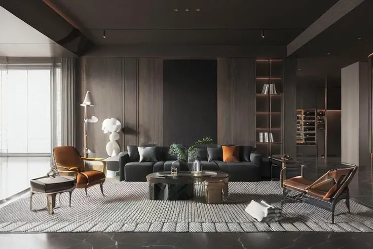 a living room with a couch, chair, coffee table and a rug on the floor and a window, muted colors, a 3D render, light and space,Dark style, perfect lighting, Marble elements in the background