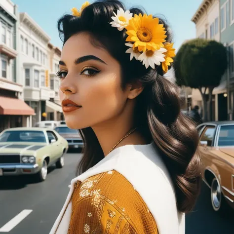 Kodak 35 mm filmstrip, retro 1970s art style, boujee girl hyper ultra realism, if you are going to San Francisco be sure to wear some flowers in your hair