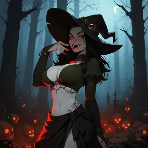 score_9, score_8_up, score_7_up, rating_questionable, depth of field, 1girl, solo, vampire, witch, witch hat, forest, night, moonbeams, green clothing, black hair, pale skin, red eyes, fangs, bikini top, large breasts, bare midriff, sarong,