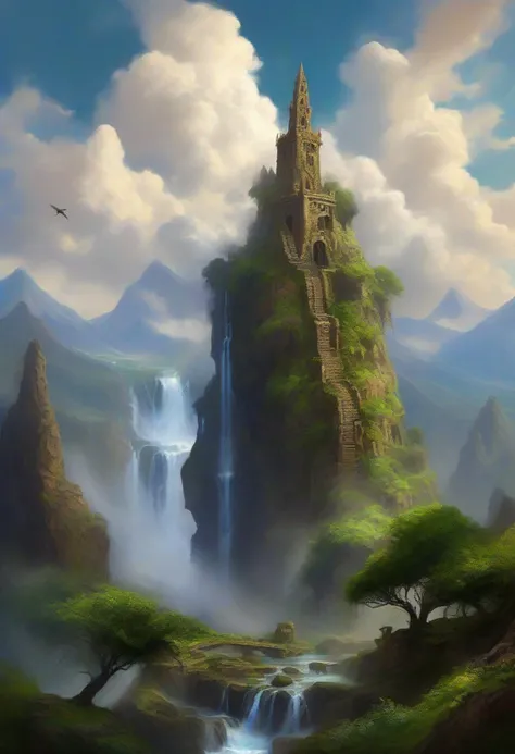 A landscape of mountain waterfalls cascade down from the mountain peaks, large trees covering its slope, rocky textures, adorned with patches of moss and vegetation, set against a backdrop of dramatic clouds and sky, birds soaring around the towering figure, there is a mighty techno fotress tower that stands out as a star contrast to the landscape, atmosphere is serene and mystical, sense of ancient and natural magic