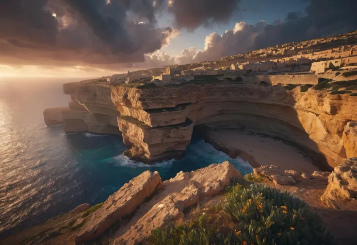 The cliffs on the island of Malta, cinematic, atmospheric, 8K, mystical, dynamic lighting, octane render, landscape photography by Marc Adamus.
