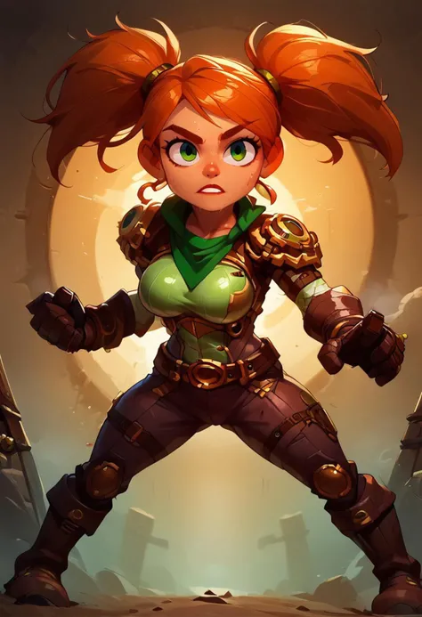 score_9, score_8_up, score_7_up, source anime, anime screencap, masterpiece, expressive eyes, perfect face, cinematic lighting, volumetric lighting, Expressiveh, gnome girl from warcraft, (Monk) ,long ginger hair with two ponytails, oiled skin, voluptuous, toned, dark theme, low light, solo, musk, green eyes, large breasts, fighting stance, fighting with fists, combat and harsh, huge head, short,
battlefields, Gnome, short stature, big eyes and ears, Mechanical armor, mechanical gloves and boots, mechanical breastplate and mechanical pants, green tabard, green handkerchief around her neck, (Steampunk style),