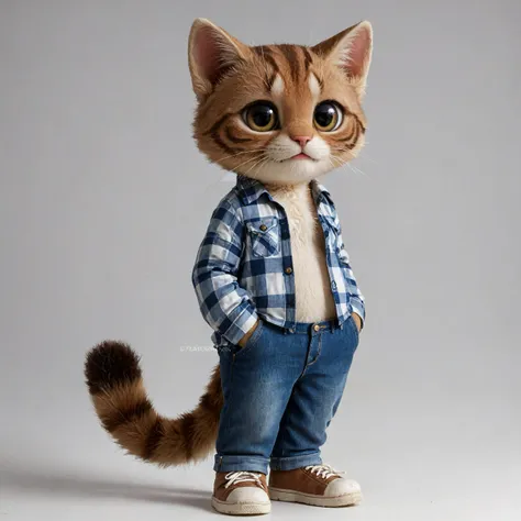 score_9, score_8_up, score_7_up, score_6_up, BREAK, zPDXLpg, zPDXLrl, zPDXL2, a cute cartoon character with oversized, expressive eyes and a wide smile wears a plaid shirt and a pair of denim shorts. The cat's fur is painted in shades of orange and brown, and its tail curls around the edges. The scene takes place in a cozy living room, with a plush rug and a large window overlooking a garden filled with colorful flowers. The cat's fur is made up of fluffy white clouds, and its tongue lolls out of its mouth as it gazes at the viewer with a contented expression.,BREAK,solo, looking at viewer, simple background, shirt, long sleeves, animal ears, closed mouth, standing, jacket, tail, white shirt, full body, open clothes, shoes, pants, artist name, grey background, cat tail, plaid, gradient background, no humans, buttons, shadow, watermark, animal, brown footwear, cat, denim, sneakers, furry, jeans, blue pants, hands in pockets, animal focus, plaid shirt, whiskers, striped tail