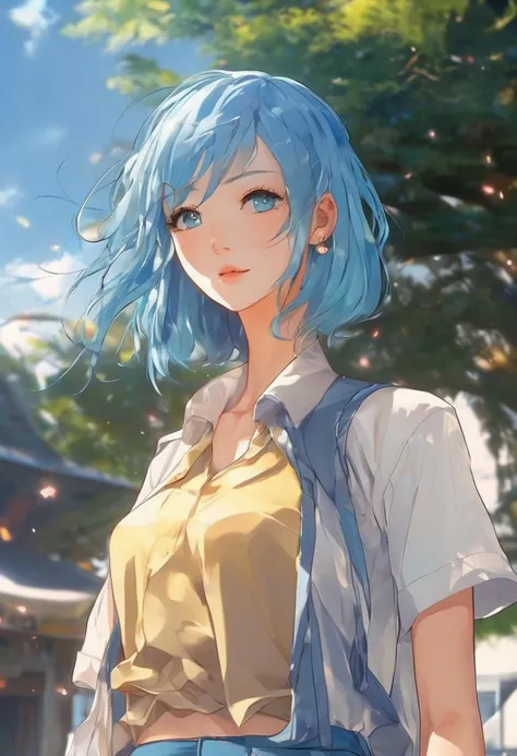 full body, 18-year-old girl, walking unsteadily in high heels, wearing a top and shorts, blue hair, blue eyes, manga style, dynamic pose, slight wobble, playful expression, vibrant colors, thin, youthful, anime-style character, delicate features, arms crossed over chest, detailed clothing, cinematic photo, natural light, 35mm photograph, film, professional, 4k, highly detailed, Golden hour lighting. Depth of field F2. Rule of Thirds Composition.