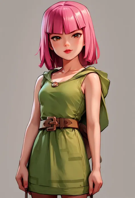 score_9_up, score_8_up, score_7_up, 1girl, archer_coc, source_anime, pink hair, small breasts, petite, green dress, brown belt, standing, looking at viewer, bow