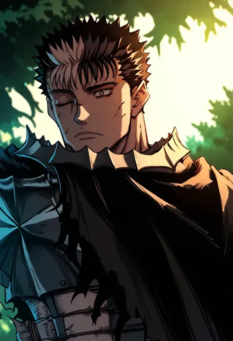 zPDXL, score_9, score_8_up, score_7_up, score_6_up, score_5_up, source_anime, 4k, absurdres, 1boy, solo,
Guts_Armor, brown eyes, short hair, black hair, multicolored hair, black armor, shoulder armor, gauntlets, greaves, bandaged arm, black cape, torn cape, scar on nose, one eye closed, muscular male, male focus, portrait, face focus, forest background, b3rs3rkstyle,