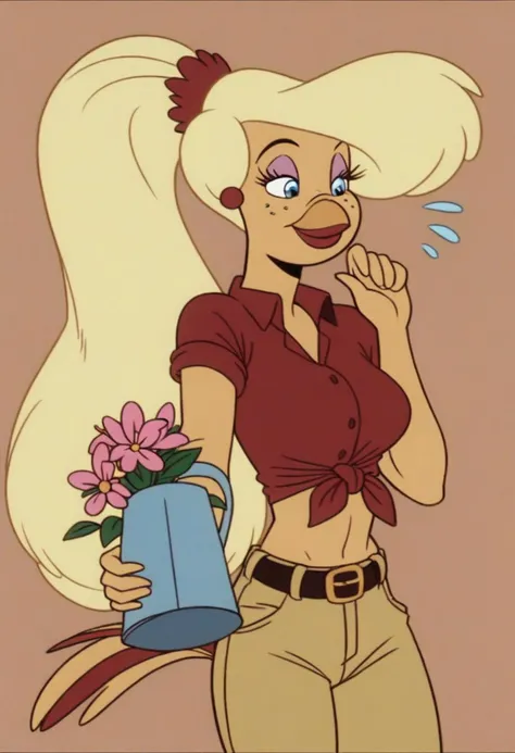 Goldie, big hair, beak, bird girl, breasts, solo, blonde hair, animal ears,bird  girl, long hair,1girl, solo, flower, furry female, long hair, pink flower, furry, shirt, simple background, blue eyes, pants, animal ears, red shirt, watering can, holding, flat color, belt, body fur, potted plant,bird tail, plant,blonde hair, ponytail, orange background, makeup, lipstick, very long hair, tied shirt, animal nose, standing, hand up, short sleeves, cowboy shot, crop top, flying sweatdrops, midriff, red lips, sidelocks,yellow pants, snout, smile, flower pot, sleeves rolled up
score_9, score_8_up, score_7_up, score_6_up <lora:GoldieRockaPony1.0:0.8>