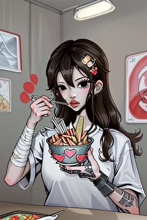 1girl, solo, long hair, brown hair, shirt, black hair, hair ornament, holding, hair between eyes, jewelry, white shirt, upper body, short sleeves, heart, earrings, food, hairclip, black eyes, bandages, eating, piercing, ear piercing, bowl, chopsticks, bandaged arm, heart hair ornament, holding chopsticks