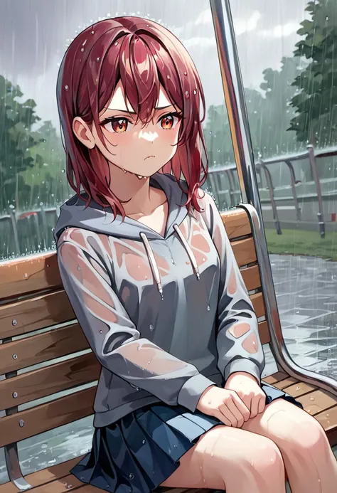 score_9, score_8_up, score_7_up, score_6_up,source_anime, masterpiece, ultra detailed, highres, 4k, best quality, cowboy shot, dutch angle, painterly, faux traditional media, BREAK, 1girl, burgundy hair, medium hair, burgundy eyes, dark grey hoodie, pleated skirt, glossy hair, heavy-rain, rain, wet, sitting, bus stop, bus bench, cloudy, dark, wet clothes, wet hair, sad, annoyed pout, cute pout mouth closed, blank expression, alone, cute, moe art style