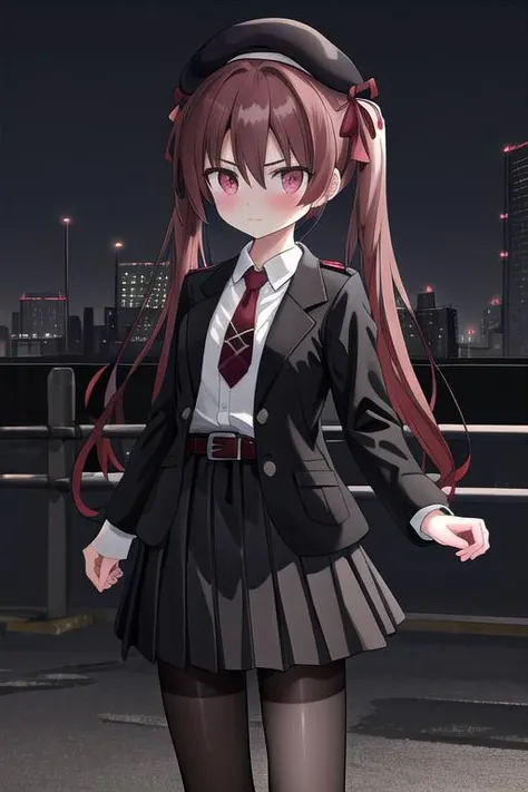 8k, HDR+, high detailed, ultra-detailed, high definition, high quality, best quality, masterpiece, absurdres, perfect anatomy, cowboy shot, 1girl, Otsuki Yoyoko, looking at viewer, serious, closed mouth, light skin, blush, long hair, hair between eyes, twintails, dark brown hair, red hair ribbon, pink eyes, small breasts, beret, black headwear, millitary uniform, milllitary jacket, closed jacket, black jacket, belt on jacket, collared shirt, white shirt, red tie, long sleeves, pleated skirt, black skirt, black pantyhose, boots, black boots, war-torn city background, evening