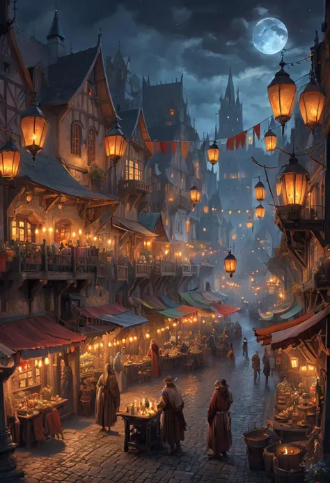 Bustling medieval marketplace in a fantastical port city at night, illuminated by glowing lanterns and enchanted lights. Merchants sell exotic magical artifacts under the starlit sky, colorful stalls offer potions and scrolls, and diverse fantasy races mingle beneath the moonlight. Towering masted ships with dragon figureheads, bathed in silver light, are docked in the background. The atmosphere is vibrant with magical auras and the soft hum of nocturnal life. 
style of greg rutkowski, janek sedlar, jenny saville:0] <lora:vivid_everclear:0.35> <lora:Sinozick:0.35> <lora:MJ52:0.35>
