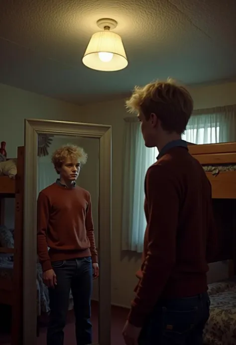 A blonde haired 18yr old adolescent, tall, slim male is
looking at himself in a mirror in a1976 in a suburban bedroom with a bunkbed there is a window at the end of the room, it is 10pm. it is dark outside and the room is artificially lit by a bulb in a cheap shade in the middle of the ceiling . the ceiling is artexed white. the male is wearing a sweater and jeans