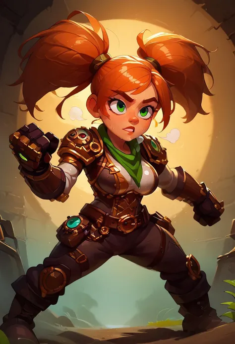score_9, score_8_up, score_7_up, source anime, anime screencap, masterpiece, expressive eyes, perfect face, cinematic lighting, volumetric lighting, Expressiveh, gnome girl from warcraft, (Monk) ,long ginger hair with two ponytails, oiled skin, voluptuous, toned, dark theme, low light, solo, musk, breath, green eyes, large breasts, fighting stance, fighting with fists, combat and harsh, huge head, short,
battlefields, Gnome, short stature, big eyes and ears, Mechanical armor, mechanical gloves and boots, mechanical breastplate and mechanical pants, green tabard, green handkerchief around her neck, (Steampunk style),