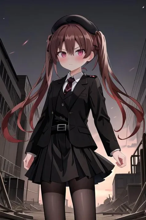 8k, HDR+, high detailed, ultra-detailed, high definition, high quality, best quality, masterpiece, absurdres, perfect anatomy, cowboy shot, 1girl, Otsuki Yoyoko, looking at viewer, serious, closed mouth, light skin, blush, long hair, hair between eyes, twintails, dark brown hair, red hair ribbon, pink eyes, small breasts, beret, black headwear, millitary uniform, milllitary jacket, closed jacket, black jacket, belt on jacket, collared shirt, white shirt, red tie, long sleeves, pleated skirt, black skirt, black pantyhose, boots, black boots, war-torn city background, evening