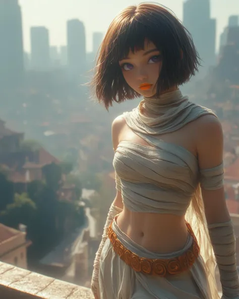 <lora:XLFantasyKnightsV4:1> hkstyle, score_9, score_8_up, score_7_up, supernatural, ancient mummy, Tan Skin, Brunette with side-swept bangs and a layered bob cut, orange satin lipstick, A moonlit rooftop with a figure perched on the edge, overlooking the city , purple , twin drills hair , neon pastel , Walking with one hand brushing hair back , haze filter, purple eye, zPDXL, <lora:XL_Spirit_Boss_Battle_-_By_HailoKnight:0.8> bosstyle <lora:PerfectEyesXL:0.8> perfecteyes, zPDXLxxx SK_CINEMATIC