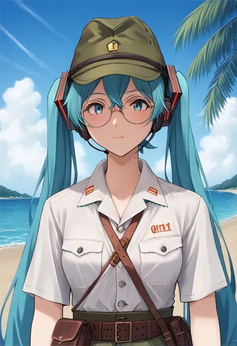score_9, score_8_up, score_7_up, score_6_up, score_5_up, score_4_up, detailed eyes, detailed skin, source_anime, source_anime, masterpeice, best quality, very aesthetic, absurdres, BREAK,
mikuhatsune, <lora:miku-hatsune-ponyxl-lora-nochekaiser:1>,
miku hatsune, ahoge, aqua eyes, aqua hair, crossed bangs, hair between eyes, hair ornament, headphones, long hair, twintails, mature female, BREAK, <lora:IJAuniformXLv1:1> ,cowboy shot,upper body, IJA Showa, field cap with neck flaps, field cap, open collar white shirt, oliver green pants, short sleeve,leather belt pouch, glasses, round eyewear, beach, island, ocean, palm tree, small breasts, narrow waist,