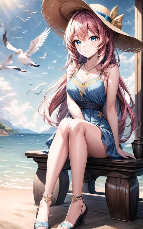 1girl\(hakaseayaka,pink hair,long hair,blue eyes,bangs,blue summer_dress\),edgYSD,woman wearing a yellow sundress,straw_hat,the sand beneath her feet,(the gentle waves in the background),((seagulls flying in the distance)),(a colorful beach umbrella behind her),the sunlight reflecting off the water,bright and vivid colors,soft breeze moving her hair,slight smile on her face,warm and sunny atmosphere,dynamic pose,vibrant summer scene,(masterpiece:2),(best quality:1.1),ultra highres,original,extremely detailed,perfect lighting,ultra-detailed,Cinematic Lighting,photo_(medium),<lora:hakaseayaka-base-01:0.6>,<lora:add_detail:1>,<lora:edgChamYellowSundress:1>,