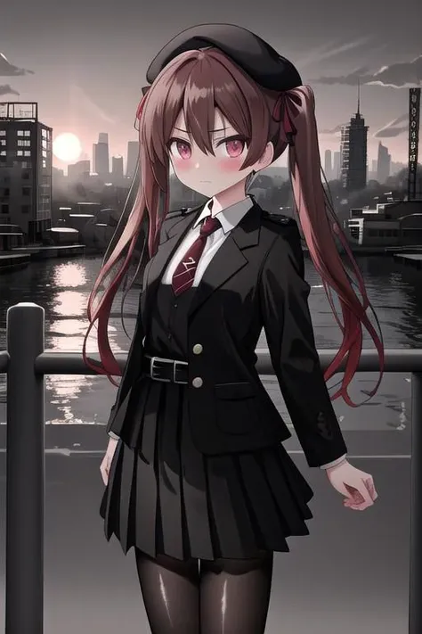 8k, HDR+, high detailed, ultra-detailed, high definition, high quality, best quality, masterpiece, absurdres, perfect anatomy, cowboy shot, 1girl, Otsuki Yoyoko, looking at viewer, serious, closed mouth, light skin, blush, long hair, hair between eyes, twintails, dark brown hair, red hair ribbon, pink eyes, small breasts, beret, black headwear, millitary uniform, milllitary jacket, closed jacket, black jacket, belt on jacket, collared shirt, white shirt, red tie, long sleeves, pleated skirt, black skirt, black pantyhose, boots, black boots, war-torn city background, evening