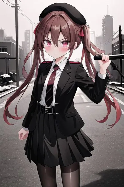 8k, HDR+, high detailed, ultra-detailed, high definition, high quality, best quality, masterpiece, absurdres, perfect anatomy, cowboy shot, 1girl, Otsuki Yoyoko, looking at viewer, serious, closed mouth, light skin, blush, long hair, hair between eyes, twintails, dark brown hair, red hair ribbon, pink eyes, small breasts, beret, black headwear, millitary uniform, milllitary jacket, closed jacket, black jacket, belt on jacket, collared shirt, white shirt, red tie, long sleeves, pleated skirt, black skirt, black pantyhose, boots, black boots, war-torn city background, evening