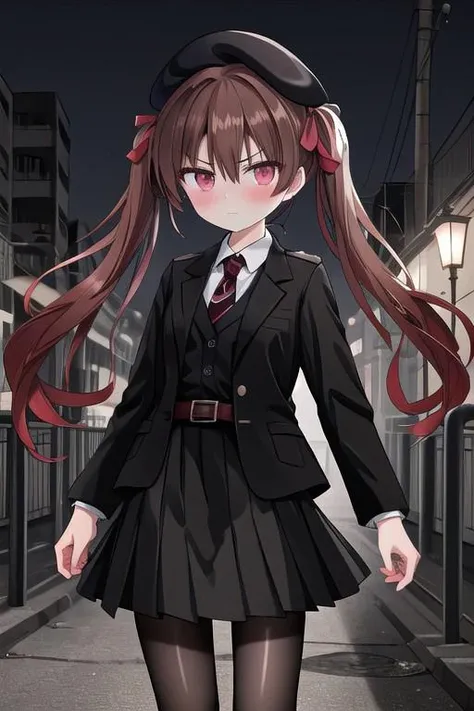 8k, HDR+, high detailed, ultra-detailed, high definition, high quality, best quality, masterpiece, absurdres, perfect anatomy, cowboy shot, 1girl, Otsuki Yoyoko, looking at viewer, serious, closed mouth, light skin, blush, long hair, hair between eyes, twintails, dark brown hair, red hair ribbon, pink eyes, small breasts, beret, black headwear, millitary uniform, milllitary jacket, closed jacket, black jacket, belt on jacket, collared shirt, white shirt, red tie, long sleeves, pleated skirt, black skirt, black pantyhose, boots, black boots, war-torn city background, evening
