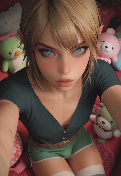 1femboy, link from Zelda, femboy, (score_9, score_8_up:1.1), score_7_up,
long blonde hair, bangs, pensive, small penis bulge under shorts, fit, blue eyes, unbuttoned green tunic, green dolphin shorts, tight white thigh highs,
Prespective, living room, sitting on a couch, front view, nipple, no bra, from above, face closeup, seductive pose, teasing, 2d image, sinozick style, blue eyes, perfect eyes, hands are offscreen, blushing, sweaty skin, selfie pose, kissing facial expression, perked lips, stuffed animals around him, tri-force pillows, gold triangle pillows, Kissy-face, brown leather belt, oral invitation, thick lips,