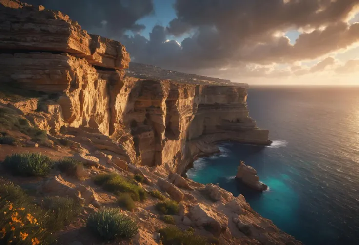 The cliffs on the island of Malta, cinematic, atmospheric, 8K, mystical, dynamic lighting, octane render, landscape photography by Marc Adamus.