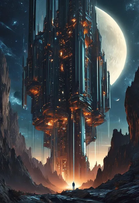 A captivating night scene illustration featuring a high tech and futuristic grand space elevator rising from a great futuristic city on a great mountain. The space elevator is not just a tall skyscraper, it rises all the way to outer space itself where the top is out of view from those down below. Futuristic spacecraft fly around the elevator and dock and take off form it. Twinkling stars dot the sky, creating a celestial tapestry that harmonizes with the moon's radiance. This enchanting artwork captures a serene and peaceful night, where the space elevator stands resolute amidst the celestial beauty, creating a cinematic experience., illustration, cinematic
<lora:DonM3t3rn1tyXL-v1.1:0.7>, DonM3t3rn1tyXL,
OverallDetailXL <lora:MJ52:0.3> <lora:SDXLFaeTastic2400:0.4> <lora:EpicF4nta5yXL:0.7>