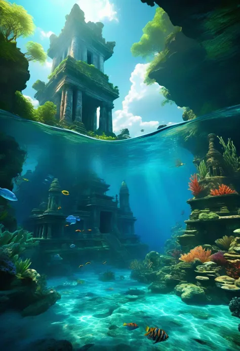 (ultra high res:1.4), (masterpiece), (beautiful lighting:1.4) , lush green forest, Mountains, Bright sunlight illuminates the crystal-clear blue water, (deep underwater), photorealistic, , (clear underwater), beautiful sky with clouds and smoke, mighty techno fotress, tropical fish, coral, depth,
Illuminated submerged temple ruins,
Mysterious tower in distance