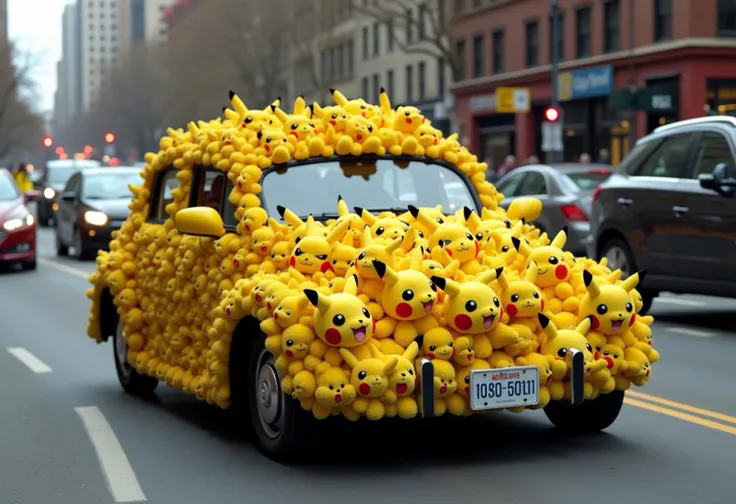 This image shows a car that is completely covered with numerous Pikachu dolls. The car is driving down a street in an urban setting, surrounded by other vehicles and buildings. The vibrant yellow color of the Pikachu dolls makes the car stand out significantly against the more neutral tones of the city environment. High quality, highly detailed, masterpiece.