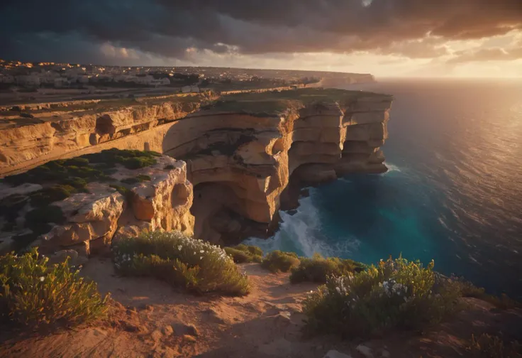 The cliffs on the island of Malta, cinematic, atmospheric, 8K, mystical, dynamic lighting, octane render, landscape photography by Marc Adamus.