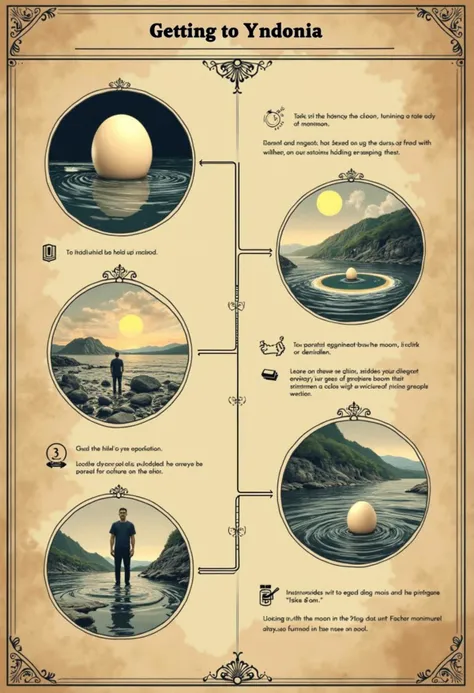 A plan titled "Getting to Yndonia," with steps that clearly lead to opening a portal to the yndonian world. step include "1 egg held up to mood," "1 infinity pool in Deiniolen," and "man standing in the pool holding a mirror." The instructions would detail steps like "holding the egg up to the moon" and "looking at the moon in the mirror facing away."and "wanking."