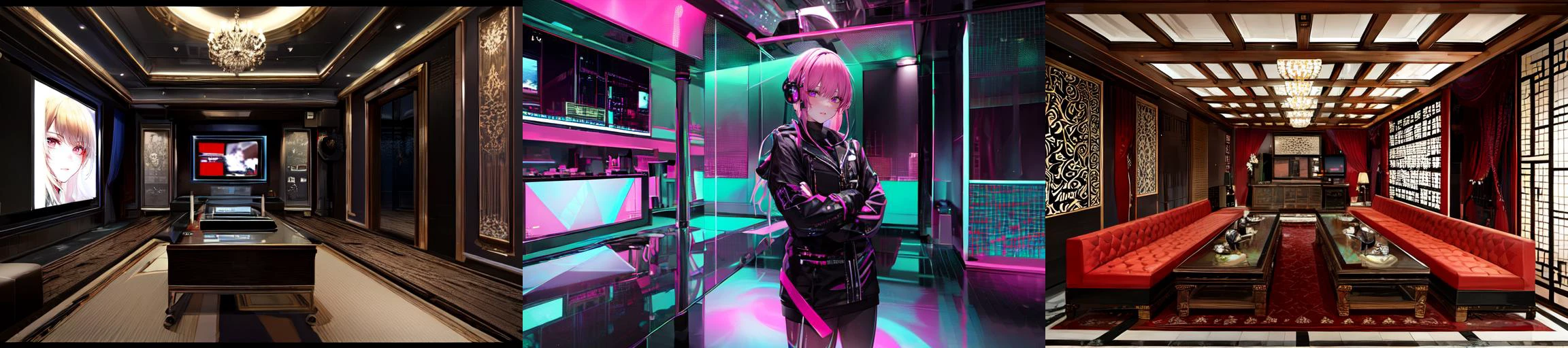 highly insanely detailed, masterpiece, top quality, best quality, highres, 4k, 8k, RAW photo, (very aesthetic, beautiful and aesthetic),
__lazy-wildcards/subject/env-bg-interior/ktv-interior/prompts__,
<lora:KTV private room:0.6>,
(1girl:1.3), 1other,
__lazy-wildcards/dataset/background__,âââ